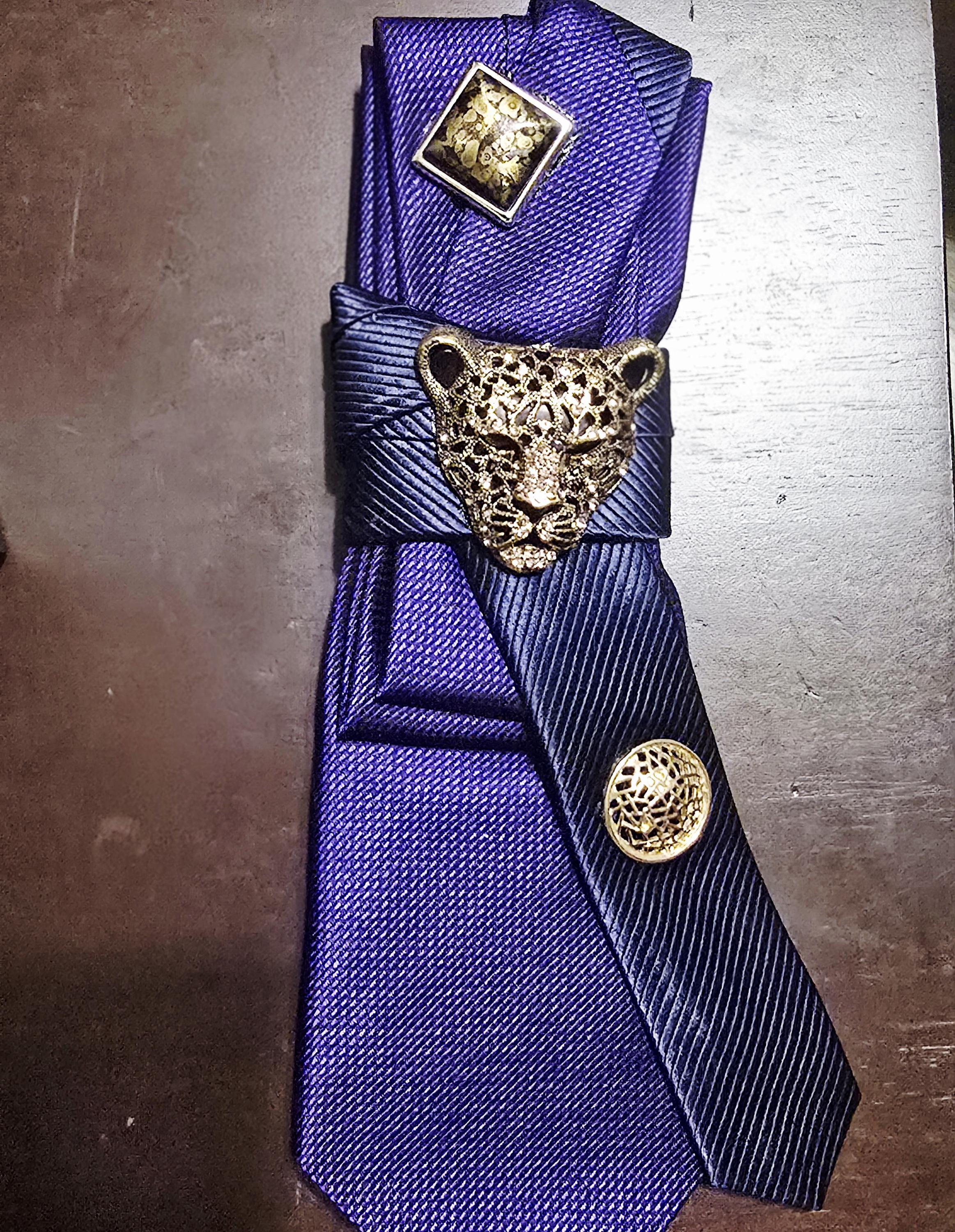 Regal Lioness Embellished Custom Tie for Women with vintage pendants.