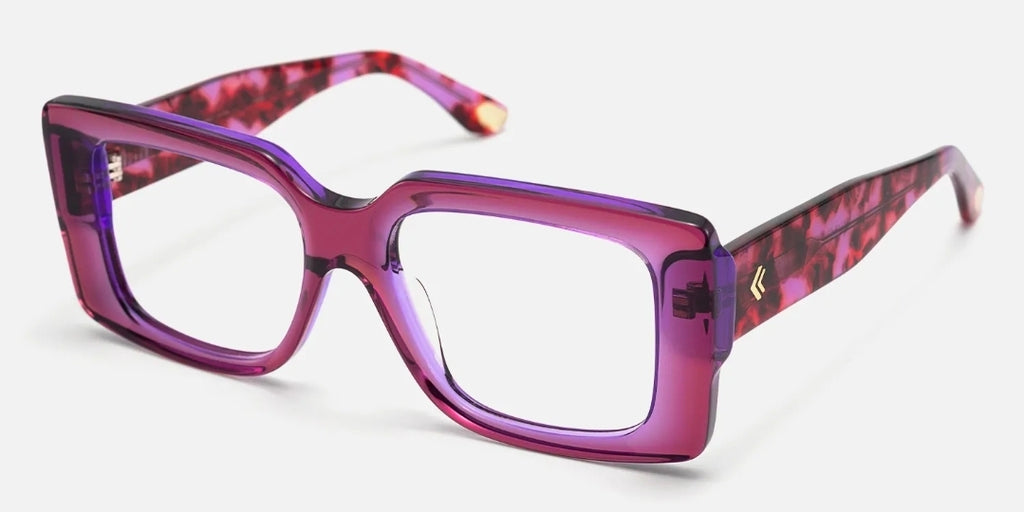 Purple and pink eyeglasses on a white background